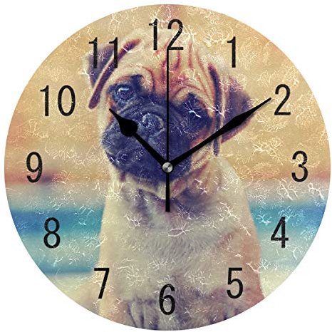 Domoko Home Decor Cute Puppy Mops Hund Runde Acryl Wanduhr nicht tickend leise Uhr Kunst für Wohnzimmer Küche Schlafzimmer