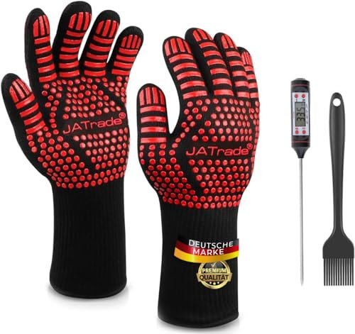 JATrade® Premium Grillhandschuhe inkl. Grillthermometer & Marinierpinsel, Back- & Ofenhandschuhe extrem hitzebeständig, Kaminhandschuhe feuerfest für Grill Dutch Oven Smoker Feuerschale