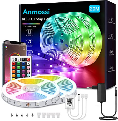 Anmossi LED Strip 20m,Smart Bluetooth RGB LED Streifen,SMD 5050 LED Lichter,Steuerbar via App und Fernbedienung,Musiksync LED Band für Schlafzimmer, Wohnzimmer, Küche, Party, TV Dekoration