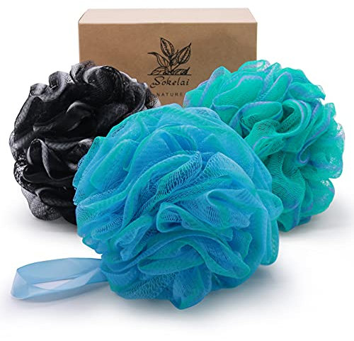 Lot de 3 éponges de bain en maille de 75 g XL pour femmes, hommes, enfants, chouchou de douche Luffa en loofa - Éponge en maille pour une peau soyeuse et lisse - Accessoires de bain