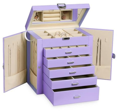 Frebeauty Große Schmuckschatulle, 6 Ebenen, PU-Leder, Schmuck-Organizer mit Schloss Aufbewahrungsbox mit Spiegel, Zubehörhalter mit 5 Schubladen für Ohrringe, Halsketten, Armbänder für Frauen(lila)
