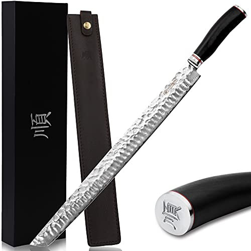 YOUSUNLONG Coltello Ultimate Sakimaru Coltello da filetto giapponese da 15 pollici (380 mm) in acciaio Damasco Adatto per tagliare tonno e salmone-Manico in ebano naturale con fodero in pelle