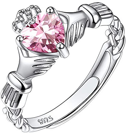 Suplight Bague Femme Fille Argent S925 Anneau de Pierre Noeud Celtique Claddagh Irlandais de Zircon de 6 mm de Large Octobre Cristal Rose