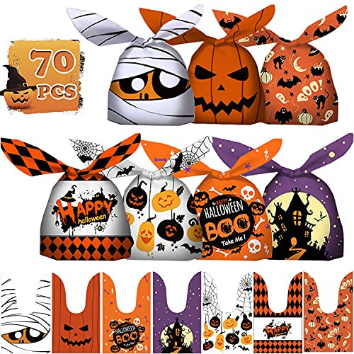 FullJoyHut 70PCS Sacchetti di Caramelle Halloween Sacchetti Buste Regalo Plastica Dolcetti Trucchi Borsa Sacchetto Biscotti Dolci Zucca Ragno Adesivi Festa Halloween Party Decorazioni Decor