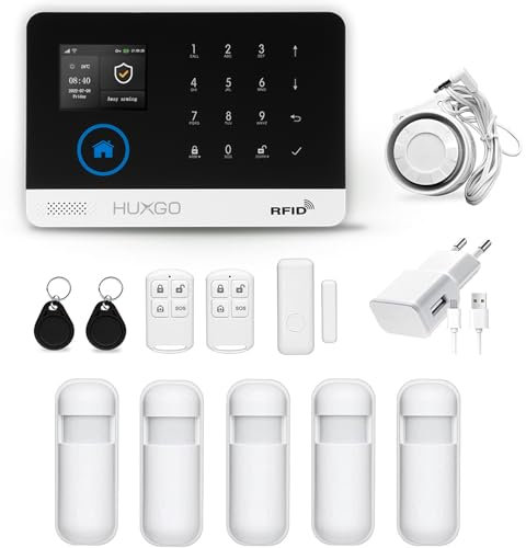 HUXGO, HXA003 sistema di allarme wireless WiFi + GSM con 5 sensori di movimento, allarme per ufficio, casa, appartamento, garage, controllo del telefono, SMS, applicazione TUYA Smart, lingua italiana
