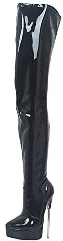 Stivali Alti alla Coscia da Donna 7 Stivali Spillo alla Moda in Pelle Verniciata Elasticizzata Stivali sopra Il Ginocchio Stivali con Tacco Alto Sexy Stripper Club Pole Scarpe da Ballo,Nero,44 EU
