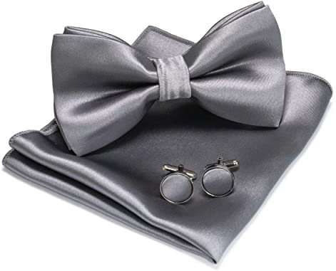 JEMYGINS Herren Fliege Grau4 Satin Fliege und Einstecktuch mit Manschettenknöpfe Sets