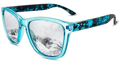 KANASTAL Polarisierte Sonnenbrille Herren Damen Klassische Retro Rechteck Sonnenbrille UV400 Schutz für Reise Wandern und Alltag, Hell Blau Leopard Rahmen Verspiegelt Silber Gläser