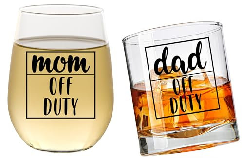 Ensemble de verres à vin et à whisky « Mom Off Duty Dad Off Duty » - Cadeau pour les nouveaux parents pour les couples - Cadeau de révélation du sexe pour maman et papa - Meilleur cadeau pour future