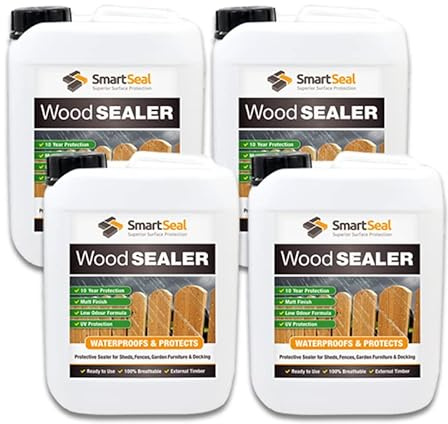SmartSeal Wood Sealer - 4 x 5L - Clear Protective Wood Sealer for Exterior Use. Rain Repellent Invisible Waterproof Sealant for Wooden Fences, Decking, Sheds & Garden Furniture
