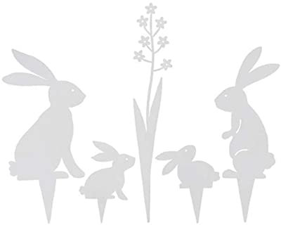 dekorativer Deko-Stecker Garten-Stecker Mini Pick Hasen und Blümchen Metall weiß Set 5 teilig
