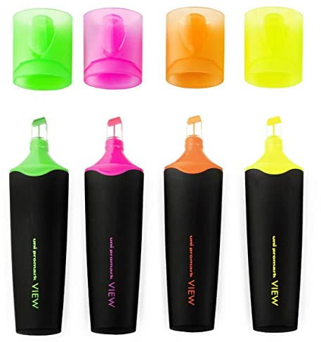uni-ball - USP-200 Promark View Highlighter Pens - 5mm Chisel Tip - Wallet of 4 Colours