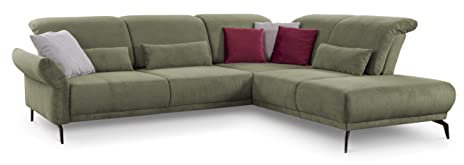 CAVADORE Ecksofa Cooper / Luftige Eckcouch mit Ottomane rechts, Armteilverstellung, Kopfteilverstellung und Sitztiefenverstellung / 294 x 88 x 242 / Cord, Grün