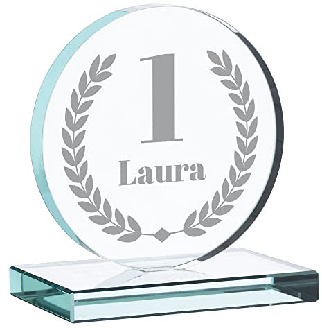 Wanapix | Trophée Personnalisé avec Nom et Texte | Verre Gravé (échelle de Gris) | Trophée Personnalisé | Boîtier de Rangement Inclus | Rond | Premier Prix