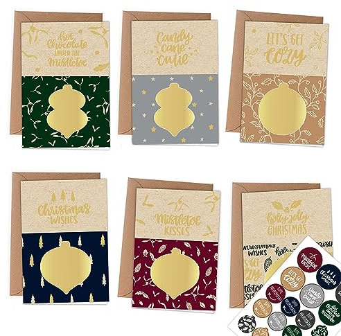 Papierdrachen 6 Klappkarten zum Freirubbeln zu Weihnachten in DIN A6 - mit 6 Packpapierumschlägen und passenden Dekoaufklebern - Verschicke einzigartige Weihanchtspost - Christmas - Set 03