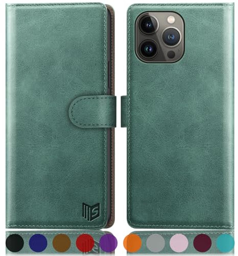 SUANPOT [RFID Schutz für iPhone 15 Pro Max 6.7 Hülle PU Leder Handyhülle Lederhülle Klapphülle Kartenfach Flip Cover für Apple 15 Pro Max Handy hülle Leather Wallet Phone Case Hellgrün