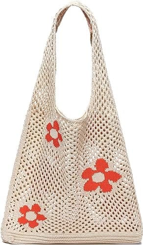Women Crochet Tote Bag Summer Beach Woven Bag Large Boho Knitted Shoulder Bag Flower Slouch Mesh Hollow Tote Bag Shopping Travel Casual Purse for Holiday Festival (Beige)