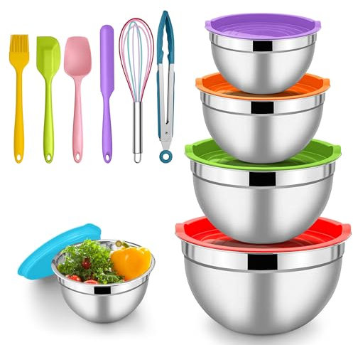 Herogo Ciotola con coperchio, in acciaio inox, set da 5 pezzi, dimensioni 4,5 l, 2,7 l, 1,5 l, 1,2 l, 0,7 l, impilabile, per cucina, mescolare e servire, include accessori per la cottura, lavabile in