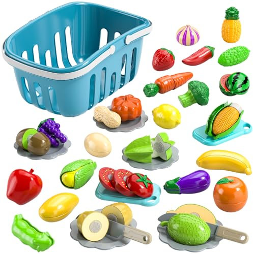 TEMI 70 PCS Cutting Play Food Toy for Kids Kitchen - Pretend Fruit and Vegetables Accessories Toys for 3 4 5 6 Girls with Storage Case, Dishes and Knife, Educational Kitchen Toy for Toddlers Age 3-5