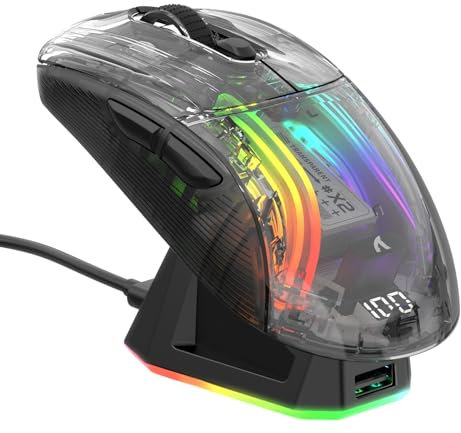 ATTACK SHARK X2 Pro Mouse Gaming Wireless con Station di Carica, Guscio Trasparente, Mouse Bluetooth RGB Ricaricabile Silenzioso a Tre modalità(BT5.0/2.4G/Tipo C) PixArt 3212, 4000 DPI, PC/MAC, Nero