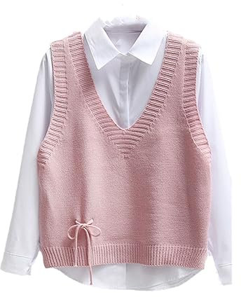 Pull sans manches à col en V pour femme - Pull en tricot avec nœud - Veste pour femme, Gilet rose, M