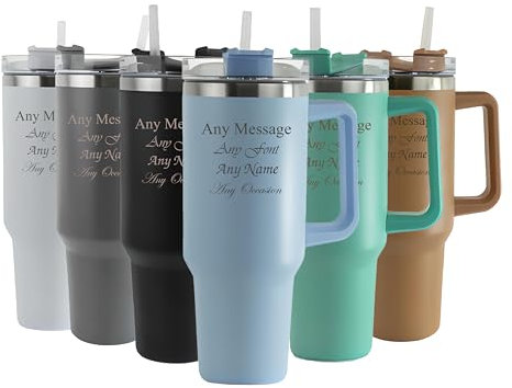 Personalised Engraved Thermal Tumbler, 40oz/1135ml Insulated Travel Cup, Large Light Blue Travel Coffee Mug, Customise with Any Message and Font, Stainless Steel, Straw and Handle