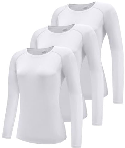Damen 3er Pack Langarmshirt T-Shirts, UPF 50+ Sonnenschutz Schnelltrocknend Funktionsshirt Laufshirts, Atmungsaktiv Sportshirt Langarm Gym Yoga Running Top Workout Sport Oberteil White 3P08-2XL