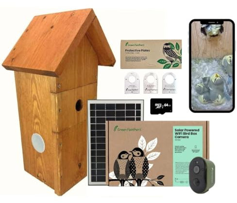 Green Feathers Battery Powered Solar Bird Box Camera With Wi-Fi Connection, Outdoors Wildlife Camera for Bird Boxes - Complete Kit