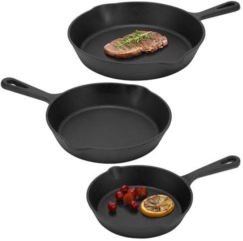 Navaris Padelle Antiaderenti in Ghisa - 3X Padelle per Induzione Gas e Forno - Bistecchiera per Barbecue e Griglia - Set Completo per Friggere Arrostire e Stufare - 15/20/25 cm