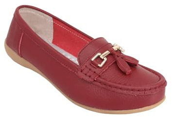 Chums Ladies Nautical Leather Loafers, Wide Fit Slip On Shoes with Flexible Sole & Comfortable Cushion Insoles Cherry 4 UK