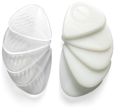 WINGO Gitarrenplektren mit Griffprägung, rutschfeste Plektren, 10 Stück (073, 088, 1,0, 1,25, 1,5 mm) für Akustik-, E-Gitarre, Bass, Weiß und Transparent.