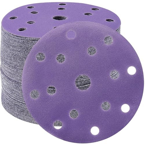 STEBRUAM 50pcs 150mm Sanding Discs 180 Grit 15 Holes Hook and Loop Sanding Pads for 6Inch Random Orbital Sander Purple