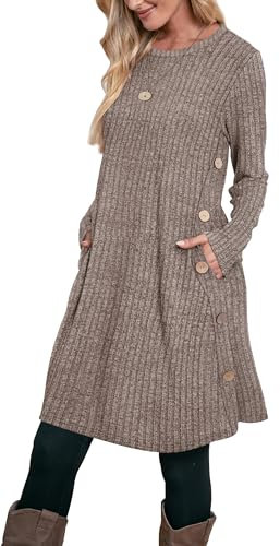 Aokosor Jumper Dress for Women Tunic Dress Ladies Long Sleeve Dress with Pockets Side Buttons Dress for Leggings Size 14-16 Khaki