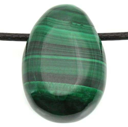 Véritable pendentif en malachit en forme de goutte avec ruban en coton ciré - Pierre de tambour percée - Fermeture rotative en acier inoxydable