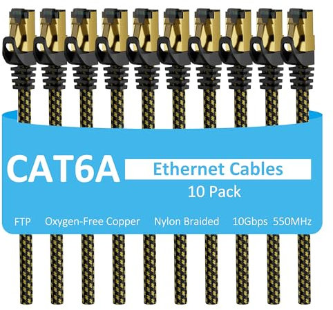 Cat6A Ethernet Cables 6 FT (10-Pack), Snagless CAT6 RJ65 10Gbps Ethernet Cable, FTP Shielded Ethernet Patch Cord, Cat6 Internet Network LAN Cable, OFC, Nylon Braided Cat 6 Cable, Gold-Plated Plug