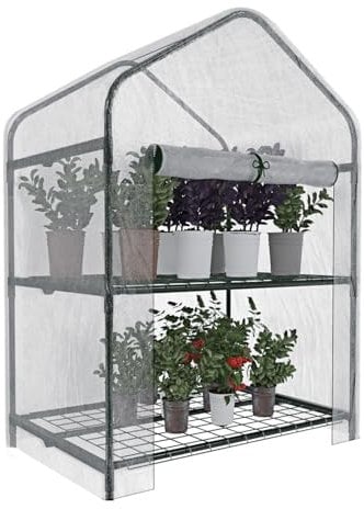 Serra A 2 Ripiani Da Giardino Per Orto Telaio In Acciaio Verniciato Telo In PVC Trasparente Porta Avvolgibile Apertura A Cerniera Protezione Piante Giardinaggio 69 x 49 x 125 Cm