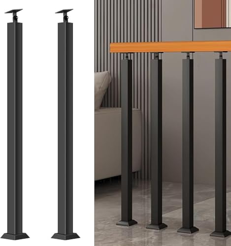 Square Stair Baluster Posts - 270°Adjustable Metal Railing Spindles with Flat Bracket Base,Black Iron Banister Posts for Deck, Balcony, Stair, Decor Railing(Size:3.12ft/95cm,Color:2 Pack Front Mount)