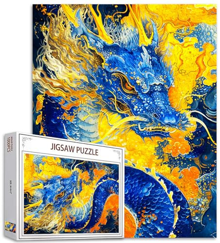 1000 Teile Puzzle für Erwachsene,Fantasy Dragon Puzzle Art,Familie Spaß Erwachsene Puzzle Spiele HD Qualität Dreamy Blue Golden Dragon Art Foto Puzzle Geschenke Schwierig Herausforderung Großes Puzzle