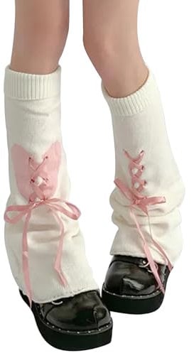 WODECASA Jambières Kawaii en tricot évasé pour fille - Manches longues - Style gothique - Crochet - Baggy, Lacets - Blanc + Rose, taille unique