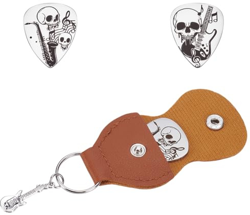 UNICRAFTALE 2 Stück Gitarrenplektren Geschenke Halloween Geschenke Totenkopf Gitarrenplektrum Schlüsselanhänger Mit PU Lederhülle Plektrum Gitarren Geburtstags Halloween Geschenke Für Gitarrenspieler
