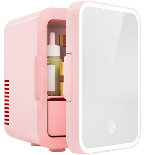 EUHOMY Mini nevera, refrigerador pequeño de 5 L AC/DC con espejo LED regulable, enfriador portátil y calentador para el cuidado de la piel, cosméticos, bebidas, mini refrigerador de maquillaje de 5 L