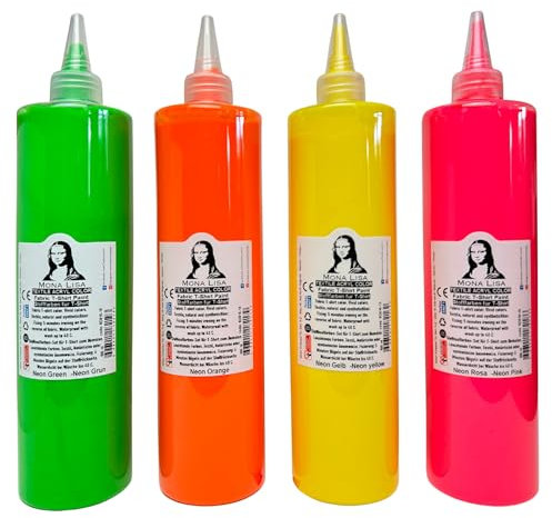Stofffarbe 500ml. Waschfeste Textilfarbe. T-Shirt Farbe für helle Stoffe. Waschmaschinenfest, Waschbeständig. Textilmalfarbe, Stoffmalfarbe Fixierung durch Bügeln (Neon-Set (4-Farben))
