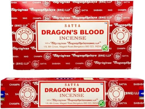 Satya Champa Drachenblut Räucherstäbchen 12 Packungen, Original Nag Champa 15g pro Packung, Handgerollt aus Sandelholz & Blumenölen, 20 cm Stäbchen für Meditation