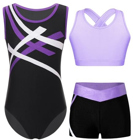 Jugaoge Mädchen Ärmellos Turnanzug Streifen Gymnastikanzug Stretch Tanzbody Leotard + Stretch Sport Shorts + Crop Top 3er Set Tanzoutfit Violett 134-140