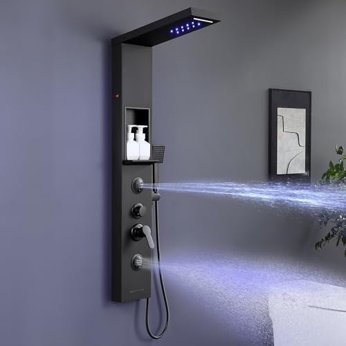 KINKIBOS Panneau de douche LED avec robinet et étagère, noir, colonne de douche 6 fonctions, douche pluie et cascade, buse de massage 2 modes, douchette à main et bec de baignoire cascade, acier