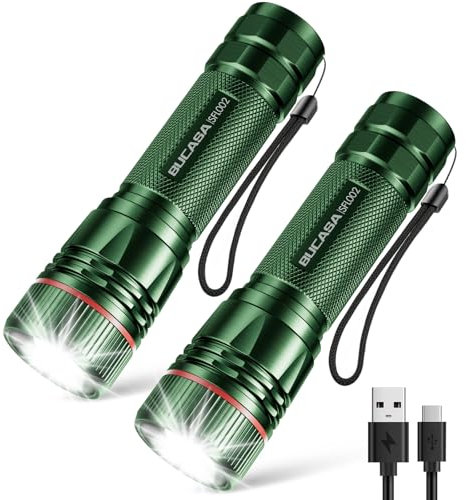 BUCASA Taschenlampe LED Aufladbar, 2000 Lumen Extrem Hell LED Taschenlampe mit 3 Modi, 2 Stück Zoombare Taschenlampe Kinder, Wasserdicht Langer Laufzeit Flashlight für Camping Notfäll (Green-Grün)