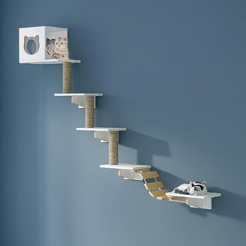 KEJIAWU Weiß Kletterwand Katzen,Massivholz & Jute, | Katzen-Tunnel, Katzenbrücke & Kratzregal, Katzenhängematte，Stabiles Kratzbaum Wand(9PCS-A)