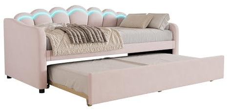 SogesPower Ausziehbares Daybed 90x200cm als Doppelbett mit Ambientelicht Schlafsofa in Rosa platzsparendes Multifunktionsbett mit Fernsteuerung ohne Matratze