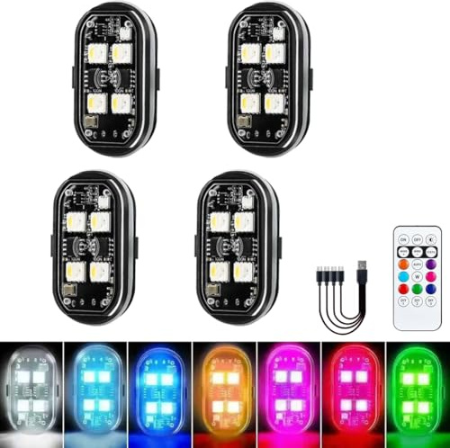 Lot de 4 lumières stroboscopiques LED sans fil avec télécommande, 8 couleurs, chargement USB, étanche, anti-collision, lumières d'avertissement d'urgence, pour voiture, moto, vélo, drone, avion