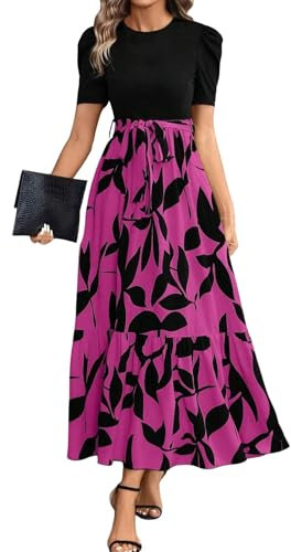 Acheter en Ligne Robe Femme Chic Et Elegant Soiree Robe Longue Boheme Ete Volants Vintage Fleurie Ample Chic Summer Dress Col Rond Elegante Rose Vif Manche Courte Sexy Femme Rose Vif M